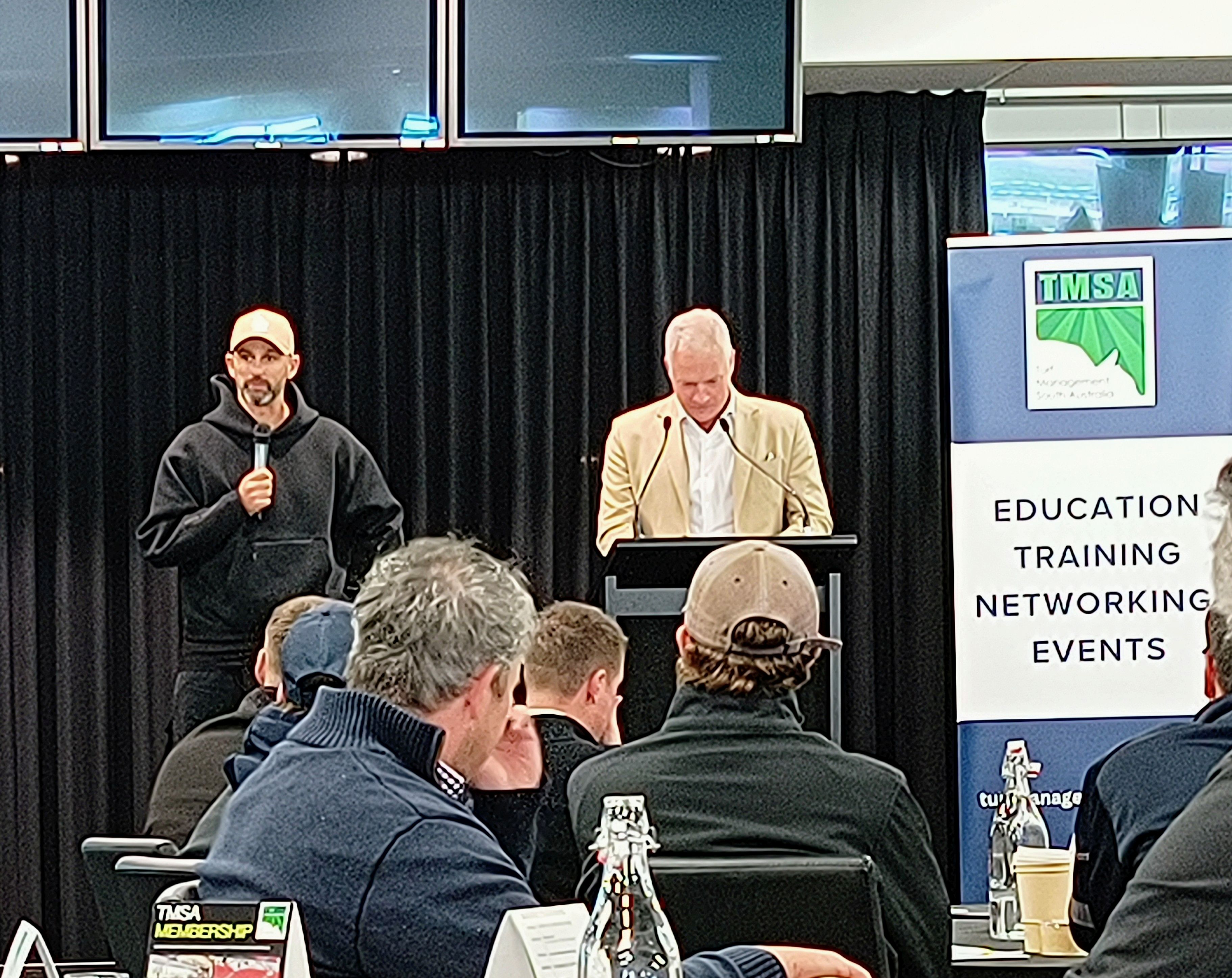 Nathan Lyon speaks at the 2025 TMSA Turf Seminar.